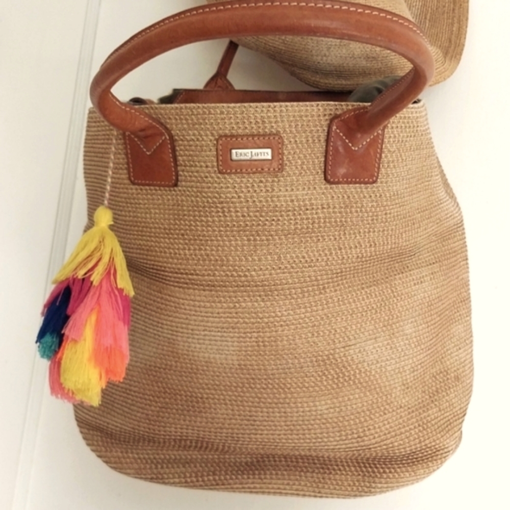 ERIC JAVITS TOTE BAG JUTE STRAW MEDIUM SIZE LEATHER TRIM VINTAGE
